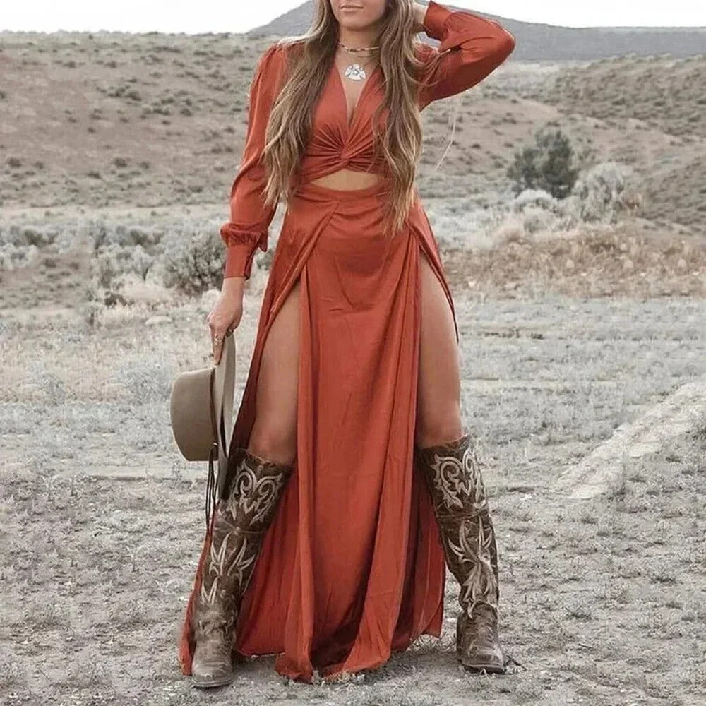 Womens V-Neck Long Sleeve Double Slit Maxi Dress Size Medium Burnt Orange